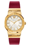 Versace Greca Logo Watch With Leather Strap, Yellow Gold/red In Ip Yellow Gold
