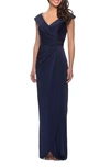 La Femme Off-the-shoulder Ruched Jersey Column Gown In Navy