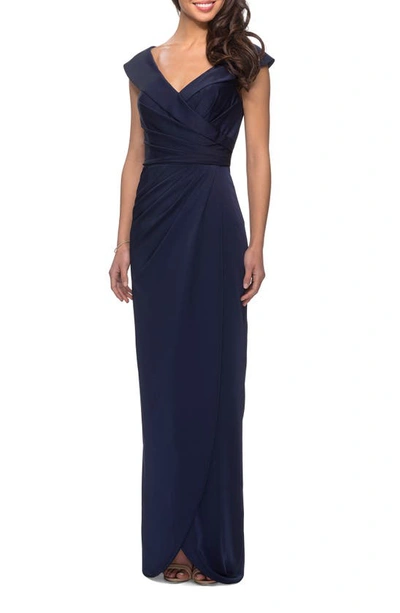 La Femme Off-the-shoulder Ruched Jersey Column Gown In Navy