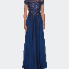 La Femme Cap-sleeve Chiffon Gown With Metallic Lace Bodice In Blue