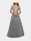 La Femme Beaded Lace Applique Short Sleeve A-line Gown In Grey