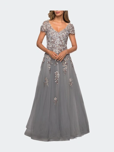 La Femme Beaded Lace Applique Short Sleeve A-line Gown In Grey