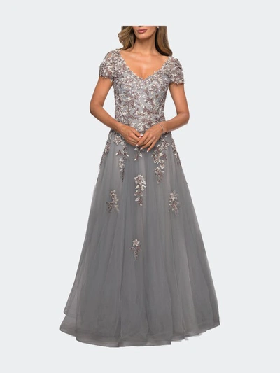 La Femme Beaded Lace Applique Short Sleeve A-line Gown In Gray