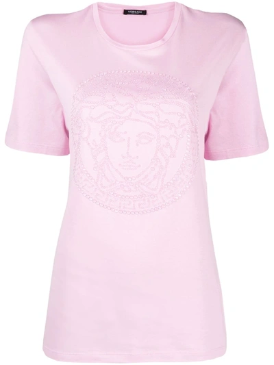 Versace Medusa Embroidery Cotton Jersey T-shirt In Pink