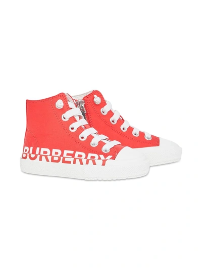 Burberry Logo Print Cotton Lace-up High Sneakers In Red