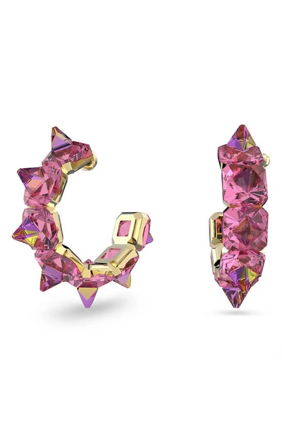 Swarovski Gold-tone Chroma Pink Spiky Crystal Hoop Earrings