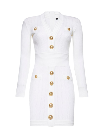 Balmain Knitted Button-detail Dress In White