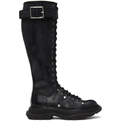 Alexander Mcqueen Black Tread Lace-up Tall Boots In 1081 Black
