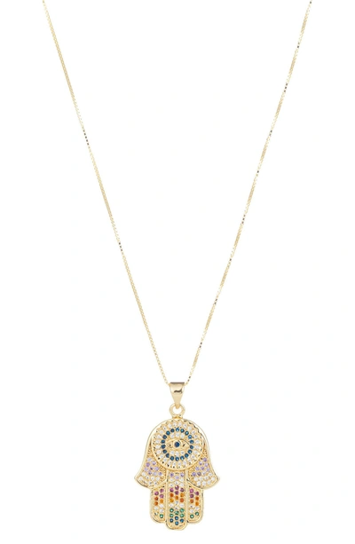 Eye Candy Los Angeles Clair Rainbow Cz Hamsa Pendant Necklace In Gold