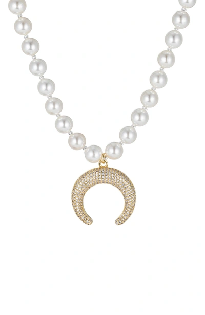 Eye Candy Los Angeles Zoey 6mm Shell Pearl Pave Cz Crescent Moon Pendant Necklace In White And Gold