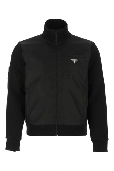 Prada Contrast Panel Zipped Jacket In Black
