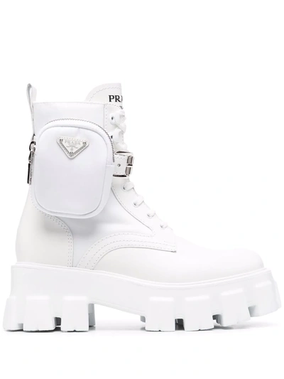 Prada White Brushed Leather And Nylon Monolith Boots In Weiss