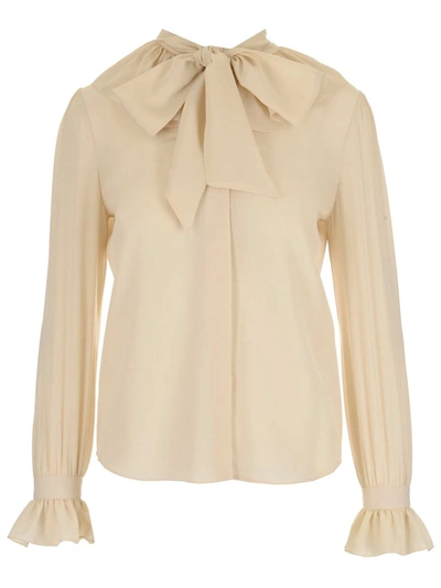 Saint Laurent Ruffle Detail Pussybow Blouse In White