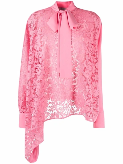 Valentino Pussy-bow Corded Lace And Silk Crepe De Chine Blouse In Bright Pink