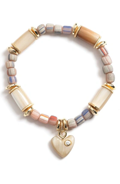 Akola Jasmine Horn & Glass Bead Heart Charm Stretch Bracelet In Peach Multi