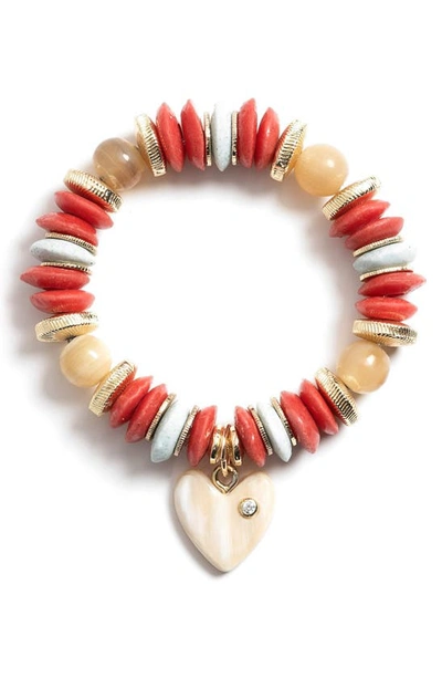 Akola Zinnia Horn & Glass Bead Heart Charm Stretch Bracelet In Red Multi