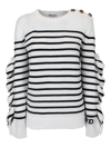 Red Valentino Button-embellished Ruffled Striped Knitted Sweater In White,black