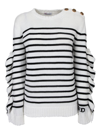 Red Valentino Button-embellished Ruffled Striped Knitted Sweater In White,black