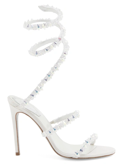 René Caovilla Embellished Satin Wraparound Block-heel Sandals In Ivory