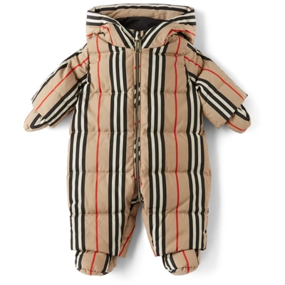 Burberry Baby's Icon Stripe Puffer Jumpsuit With Mittens In Beige