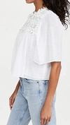 7 For All Mankind Floral Applique Yoked Short-sleeve Blouse In White