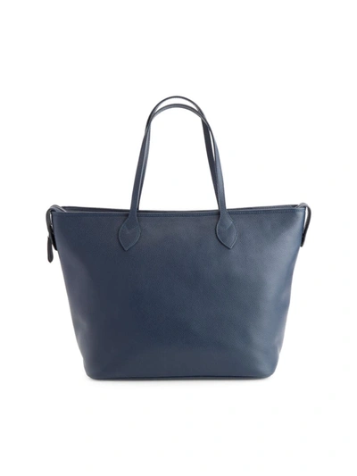 Royce New York Pebble Grain Leather Wide Tote In Navy Blue