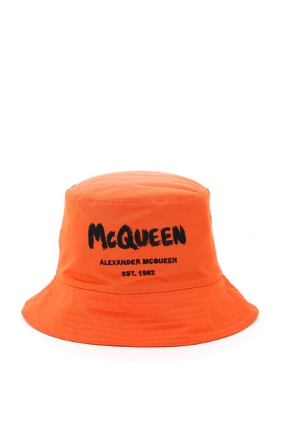 Alexander Mcqueen Mcqueen Graffiti Bucket Hat In Orange,black