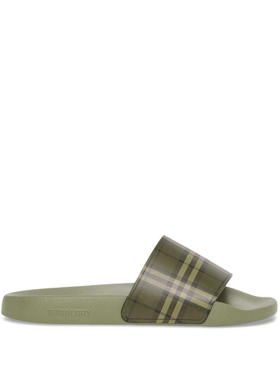 Burberry Furley Vintage Check Slide Sandals In Military Green