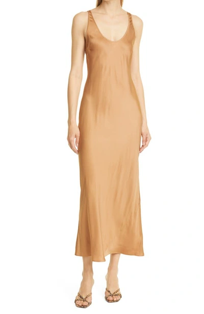 L Agence Akiya Satin Tank Maxi Dress In Dark Camel