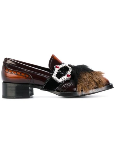 Prada Shearling And Goat Hair-trimmed Burnished-leather Brogues In Brown