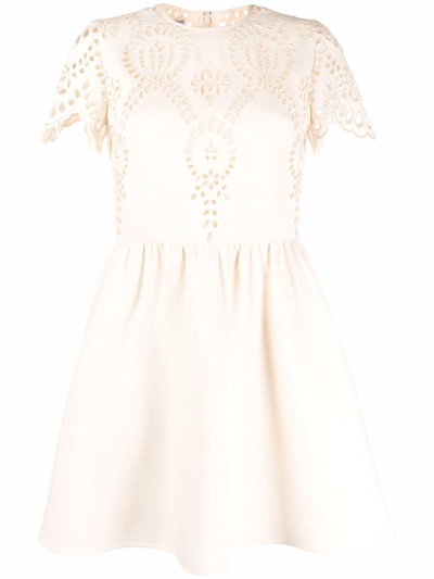 Valentino Sangallo-embroidered Wool-blend Crepe Minidress In Ivory