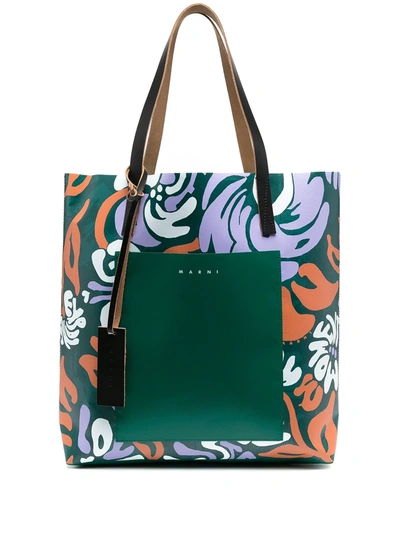 Marni Floral Graphic Shopping Tote Bag In Green