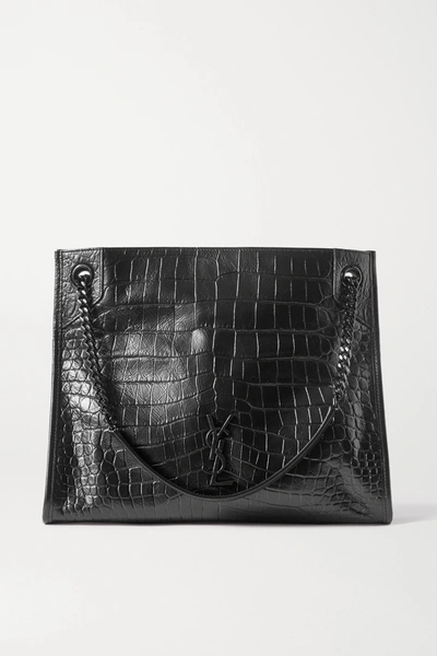 Saint Laurent Niki Medium Crinkled Croc-effect Leather Tote In Black