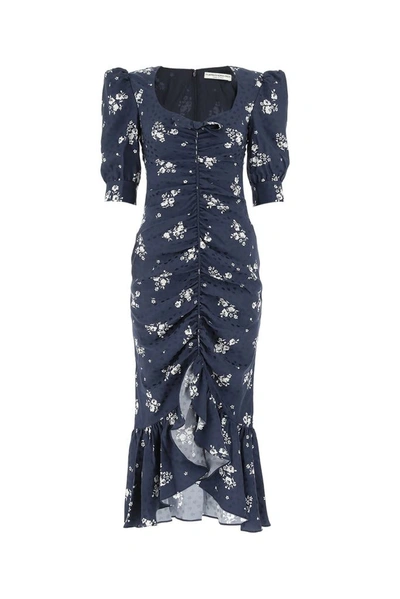 Alessandra Rich Floral Print Ruched Midi Dress In Blue