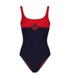 Tory Burch Colorblock Logo One-piece Swimsuit In Blue