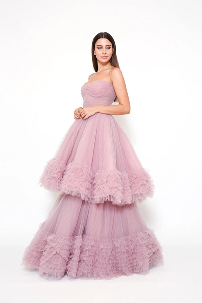 Zeena Zaki Sleeveless Tiered Tulle Gown In Pink