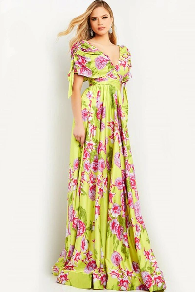 Jovani Floral-print Ruched Drape-sleeve A-line Gown In Multi