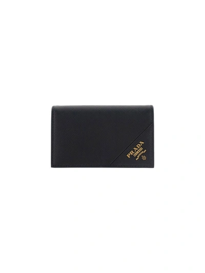 Prada Logo Foldover Wallet In Black