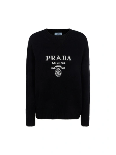 Prada Logo Intarsia Crewneck Sweater In Black
