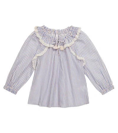 Zimmermann Kids' Aliane Gather Neck Striped Cotton Blouse In Neutrals