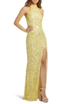 Mac Duggal Embellished Halter Column Gown In Lemon