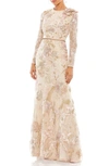 Mac Duggal Floral Lace Embellished Gown In Beige