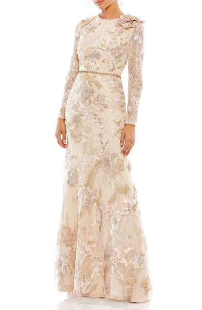 Mac Duggal Floral Lace Embellished Gown In Beige