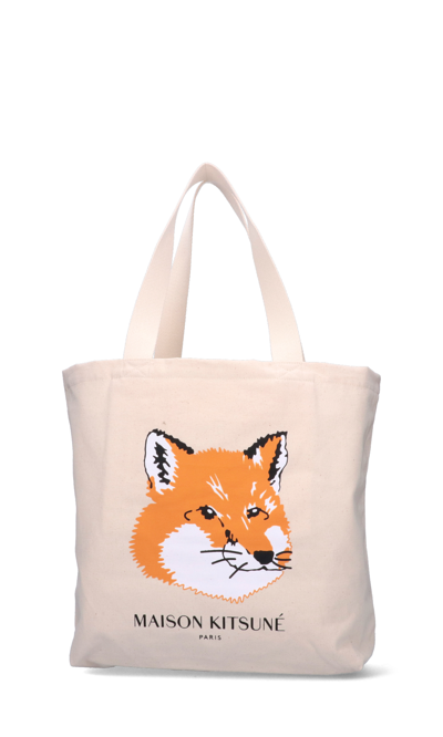 Maison Kitsuné 'fox Head' Shopping Bag In Neutrals