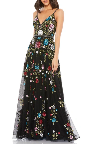 Mac Duggal Black Multi Embellished Floral Sequined Gown