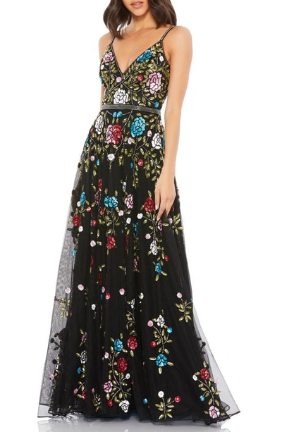 Mac Duggal Black Multi Embellished Floral Sequined Gown | ModeSens