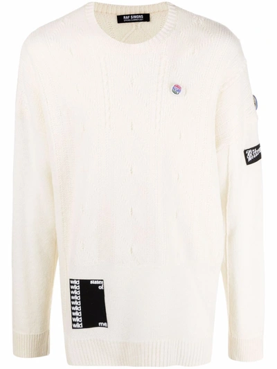 Raf Simons Reversed Slogan-patch Cable Knit Jumper In Neutrals