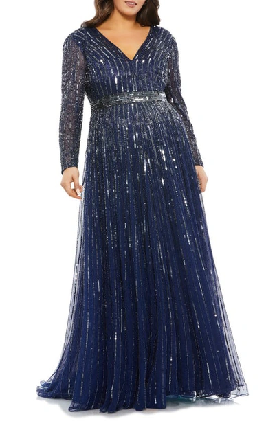 Mac Duggal Sequined Long Sleeve Plunging V-neck Gown In Blue