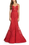 Mac Duggal Embellished Lace Mermaid Gown In Red