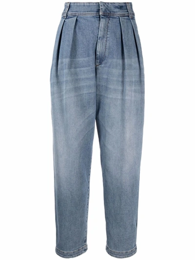 Brunello Cucinelli Pleated Bead-embellished High-rise Tapered Jeans In Blue